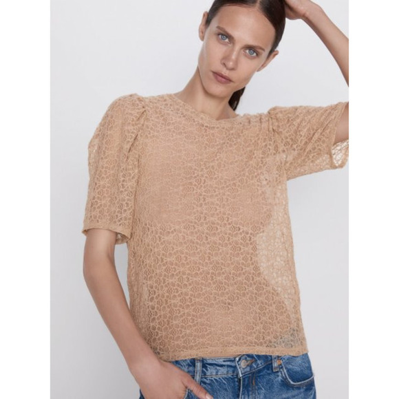 Zara Tan Lace Puff Shoulder Blouse Sz S - Picture 1 of 8